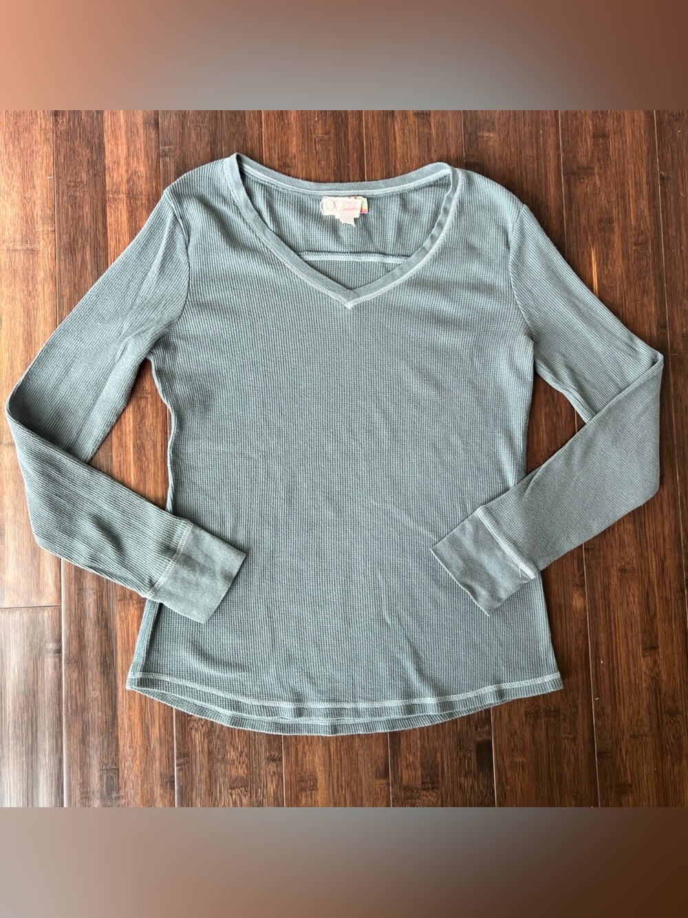 Vintage Y2k OP Juniors XL Thermal Fitted Gray Long Sleeve Waffle V Neck Grunge